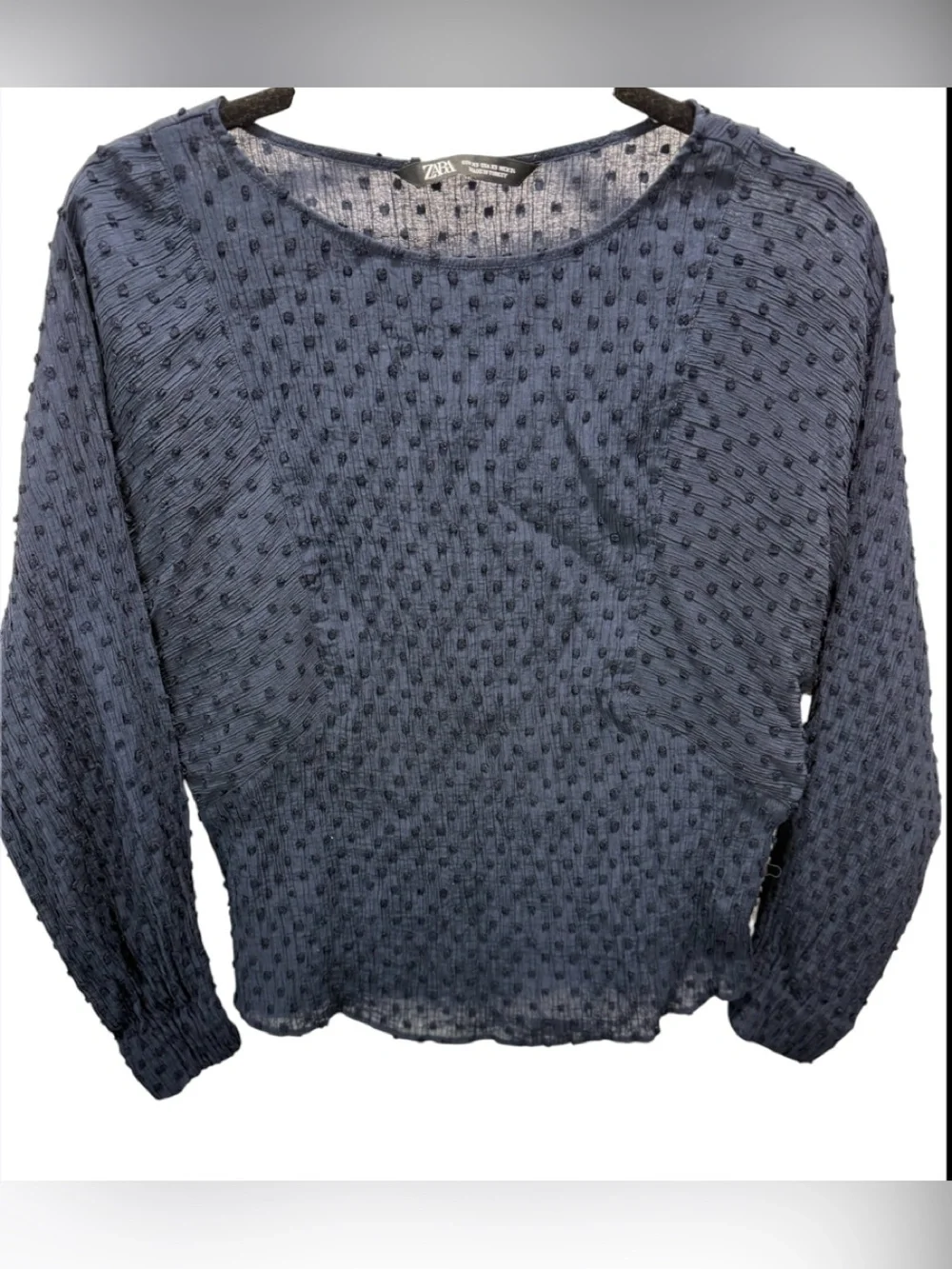 Zara Navy Blue Swiss Dot Dolman Sleeve Blouse Sz(XS) - Picture 1 of 3